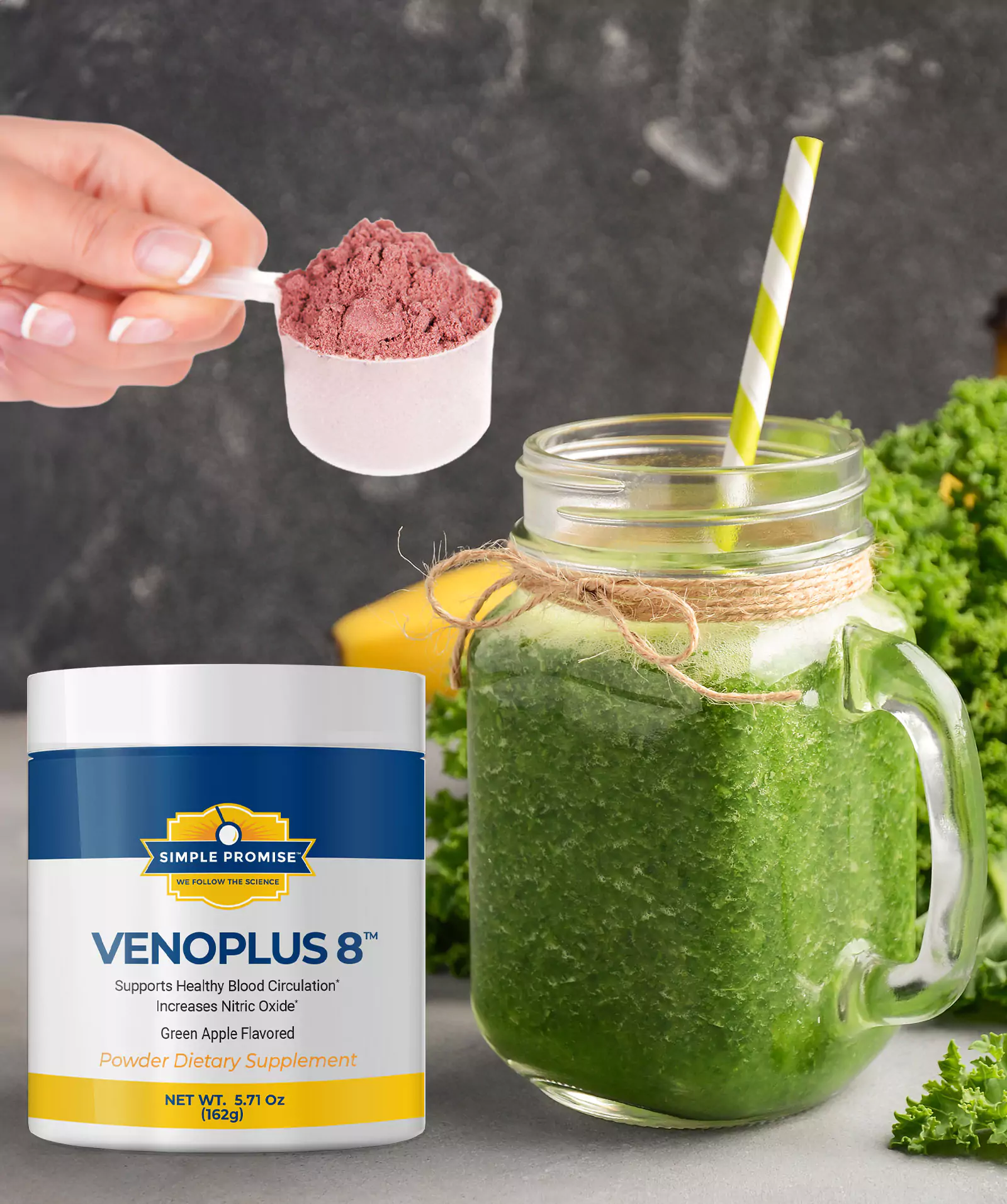 The image shows a "Simple Promise Venoplus 8" supplement container, a jar of green smoothie, and a scoop of red powder.